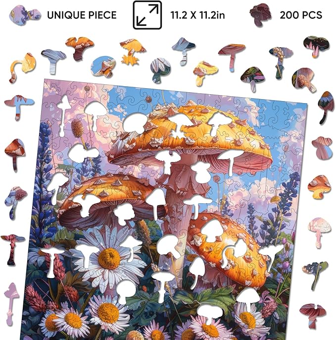 Wooden Puzzles for Adults 200 Pieces, Mushroom Flower Wooden Jigsaw Puzzles for Adult and Kids, 11.2 Inch Medium Size Family Reunion Puzzle, Valentine's Day Puzzle Gifts for Lovers Friends and Family