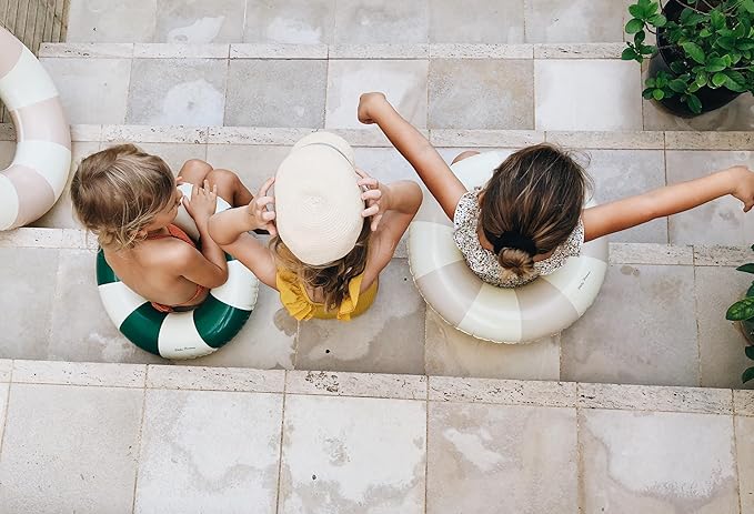 Petites-Pommes Round Pool Float for Kids & Toddlers - Durable Inner Tube, Handprinted Classic Striped Design Bachelorette Pool Floats, Soft Comfort Seaming, Packable Floats for Travel, Beige, 24 inch