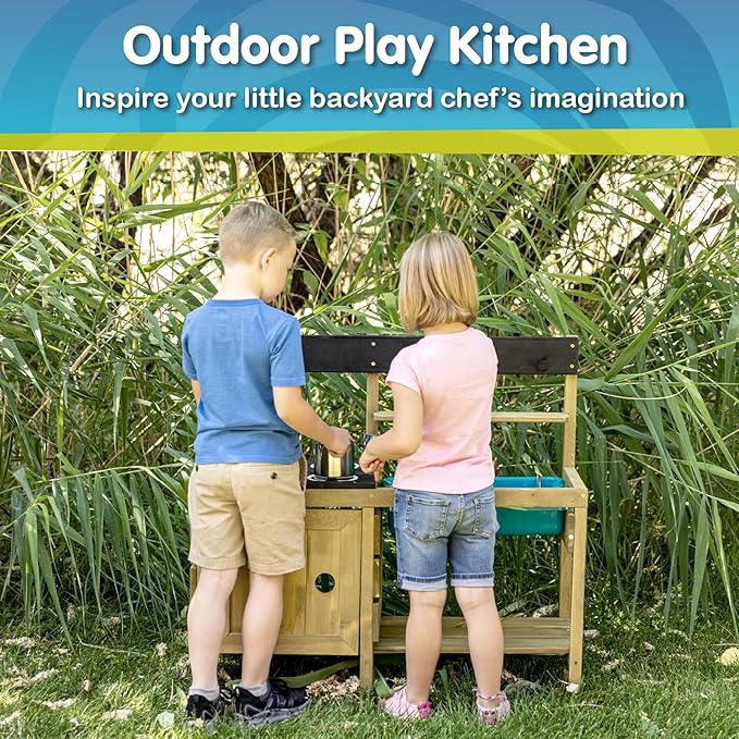 Mud Play Kitchen For Kids - Indoor, Outdoor Wooden Toy Toddler Kitchen Playset with Accessories, Durable, Weatherproof, Removable Sink, Chalkboard, Wood Burner Stencils, Easy Assembly, Ages 3+