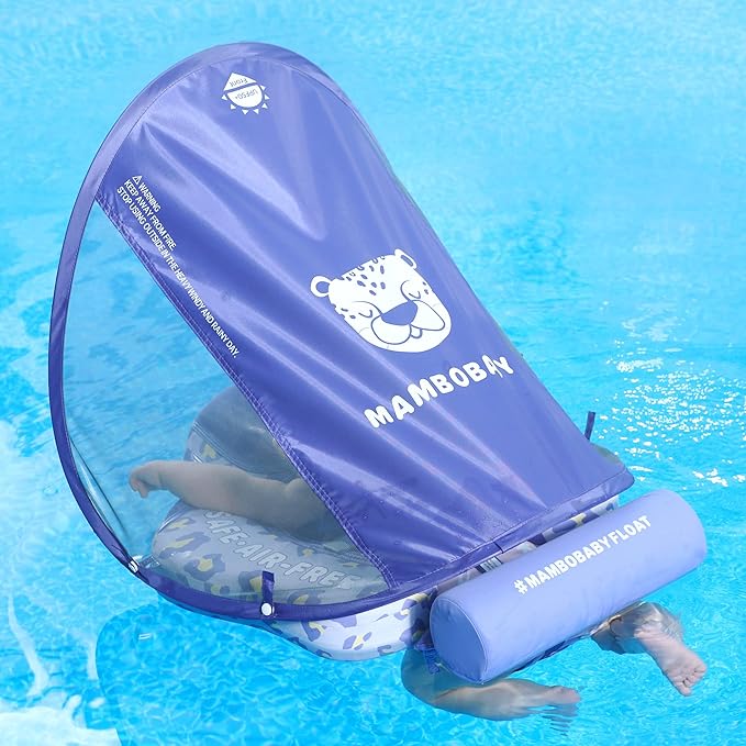 Mambobaby Float Add Tail Baby Swim Float with Canopy Solid Pool Infant Swim Trainer Swimming Training Lying Air Free Water Floats Non-Inflatable Waist Swim Ring for Toddlers (Leopard)