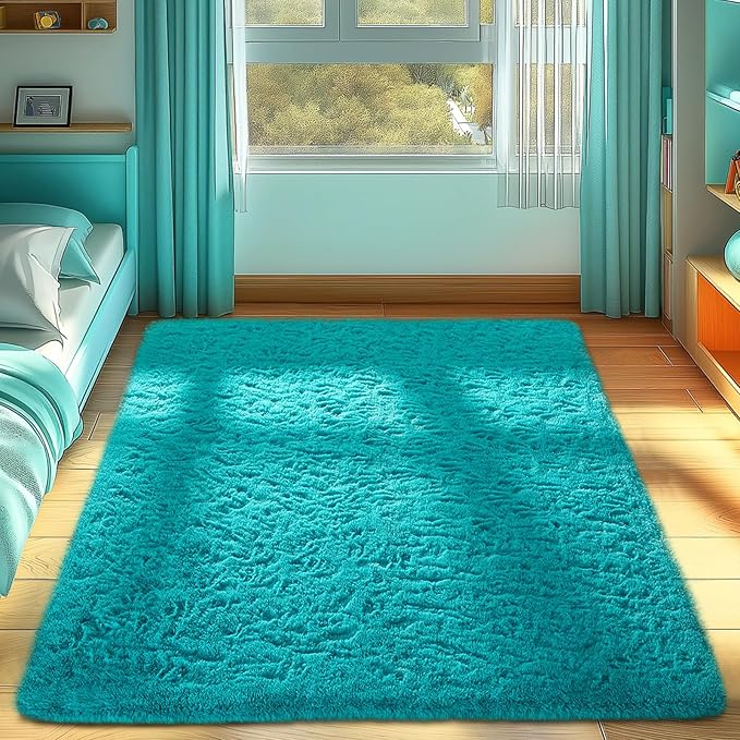 Ophanie Teal Rugs for Bedroom Living Room, Fluffy Fuzzy Furry Carpet, Plush Soft Shaggy Bedside Indoor Floor 4x6 Area Rug for Kids Girls Boys Baby Teen Dorm Nursery Home Decor Aesthetic