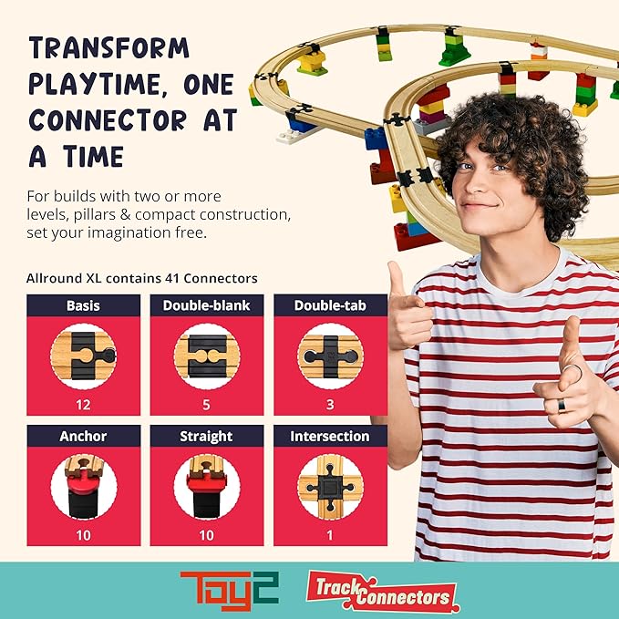 TOY2 Plastic Track Connectors for Wooden Train Set - 41 Compatible Train Connectors for Duplo & Brio Train Set Track Connectors Spare Parts for Wooden Train Track Set - Allround XL