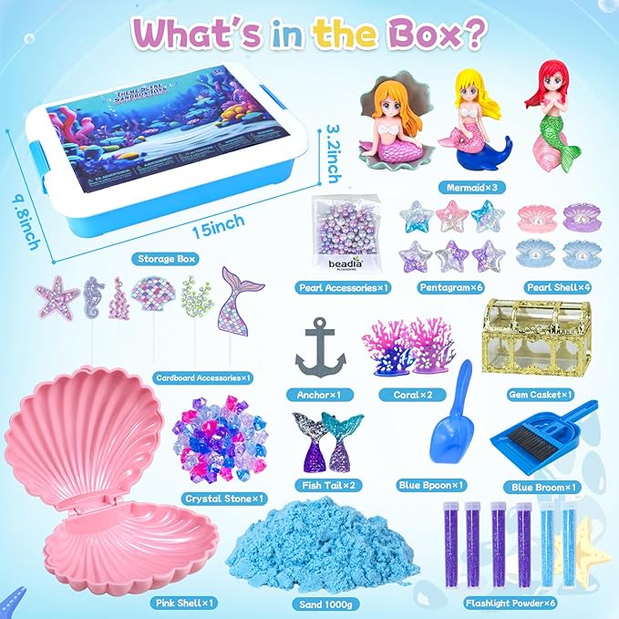 Mermaid Sensory Bin, Play Sand Art Kit with Sandbox & Accessories & Tools & Colorful Sea Shell Conch Starfish Gems Toys Set, Indoor Outdoor Pretend Play Beach Toy Birthday for Girls Boys 3 4 5 6 7 8