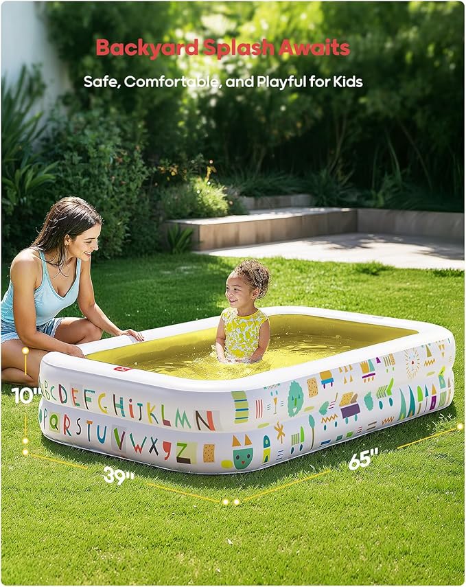 QPAU Kiddie Pool – 65" x 39" Inflatable Pool for Kids & Toddlers, Ball Pit & Baby Pool with Soft Floor, Educational Alphabet & Number, Durable Outdoor Play Toys for Backyard & Indoor Fun (Yellow)