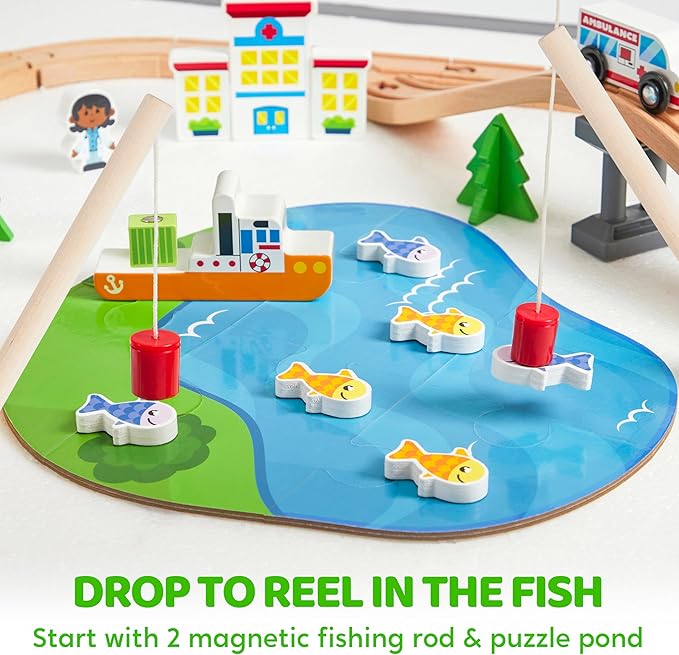 110PCS Wooden Train Set - Urban Journey, City Scene Railway Set with Magnetic Trains, Cars, Helicopter & Ship, Perfect Christmas Birthday Toy Gift for Kids Toddlers Boys Girls Ages 3-8