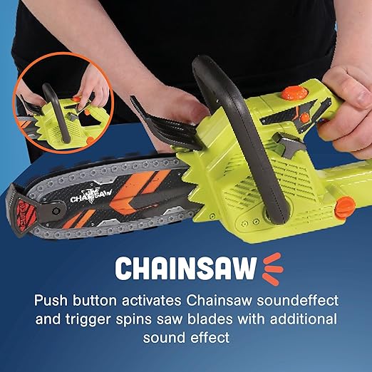 CP Toys 6-Piece Power Gardening Toy Set for Kids Ages 3+, Child Size Indoor/Outdoor Play Kids Tool Set with Leaf Blower, Chainsaw, Lawn Mower, and More, Green