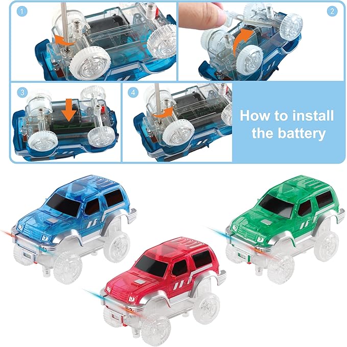 PicassoTiles 3 pcs Magnetic Toy Car Set Light Up LED Highly Detailed Compatible with Magnet Race Track STEM Truck Replacement Accessories Educational Building Kits for Toddlers Boys & Girls Ages 3+