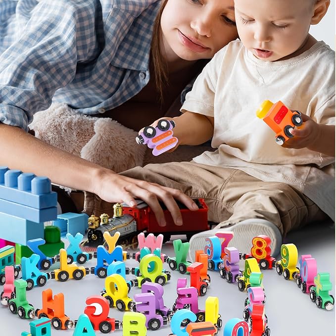 43 Pieces Magnetic Wooden Alphabet Number Toy Trains Set for Kids Toddlers, Including 26 Alphabet and 14 Number Trains with 3 Locomotives, Learning Toys for Kids Toddlers Preschool Learning Gift