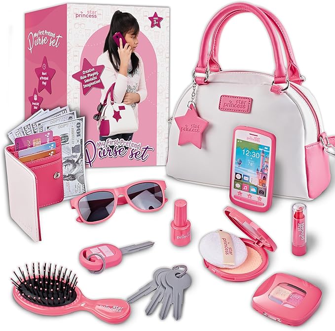 Play Purse for Little Girls and Toddlers - Girls Toys Pretend Play Accessories: Toy Phone, Wallet, Credit Cards, Keys, Pretend Makeup for Role Playing Toys for Girls Ages 3 4 5 6 7 8 Years and Up