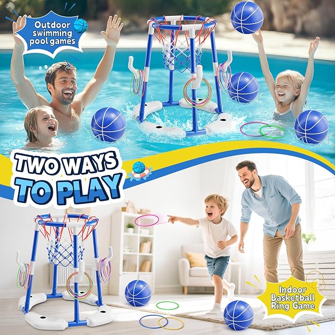 Pool Basketball Hoop, Floating Game with 6 Balls & Pump, Kids Pool Toys for Outdoor Summer Fun, Adjustable Height for Ages 4-8-12, Family Swimming Pool Accessory(Blue)