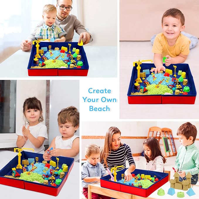 ThinkMax Sand Kit for Kids, 3lbs Sand, 6 Mini Construction Trucks, Construction Toys and Signs, Castle Sand Molds Tools, Foldable Box and Storage Bin Tote, 43PCS Sand Set for Boys Grils