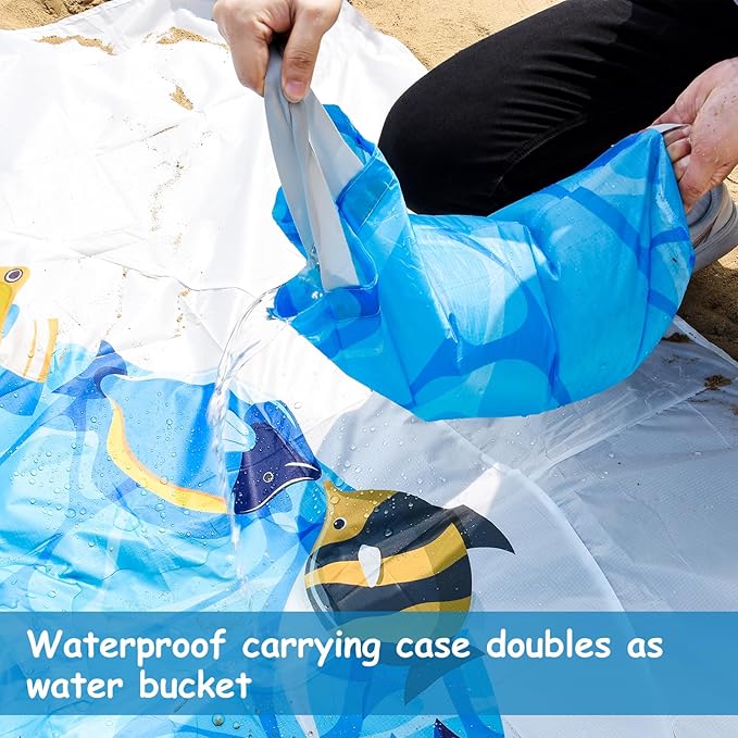 6.5 X 6.5 Ft Baby Beach Pool, 2 in 1 Portable Kids Beach Play Pool Puddle Toddler Beach Blanket and Kiddie Pools Blue Cartoon Childs Sand Pit Paddling Pools with Water Bag for Boy Girl Outdoor Camping
