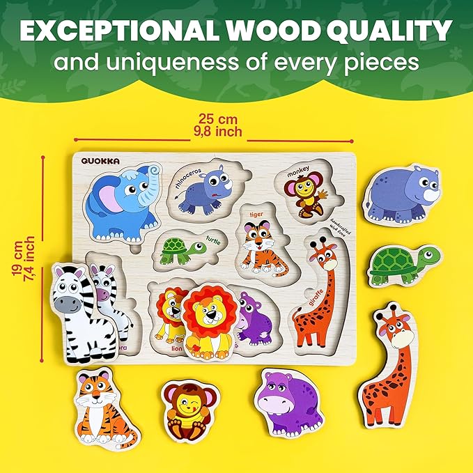 QUOKKA Wooden Puzzles for Toddlers 1-2 – Gift Realistic Educational Game for Boy and Girl - Animal Wild Learning Toy for Kids – Set Pegged Puzzles for Kids Ages 1-2