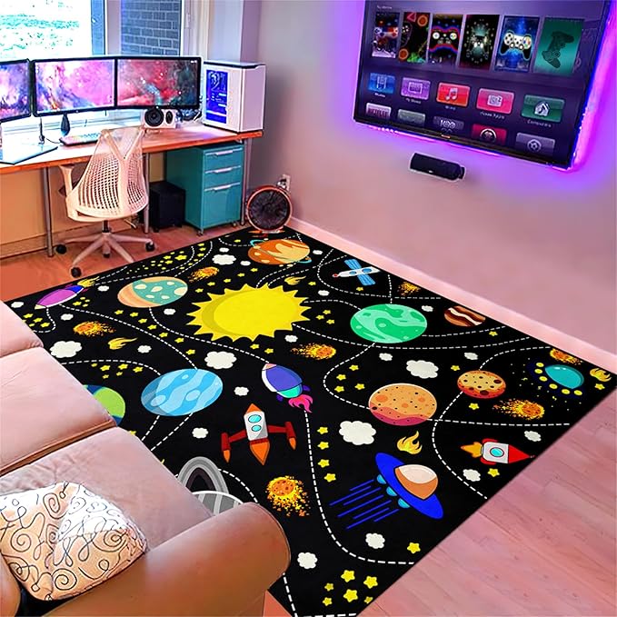 Outer Space Area Rug - 2x3 ft Solar System Galaxy Planets Rug for Boys Bedroom Universe Theme Carpets for Kids Living Room Bedroom Indoor Outdoor Crystal Polyester Floor Mats Kids Play Carpet