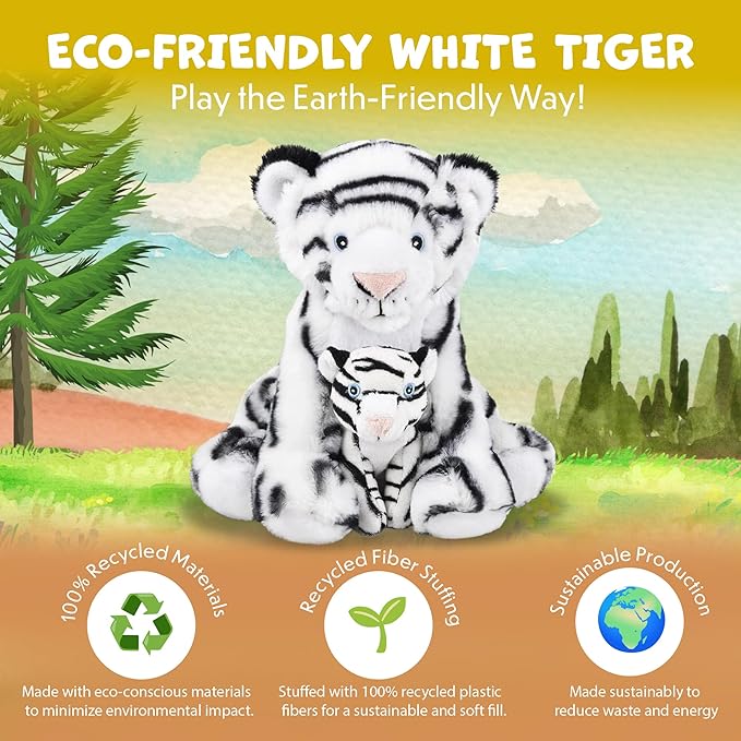 Mom and Baby Stuffed Animals for Boys & Girls, Safari Baby Shower Decorations, Nursery Decor, Zoo Animals for Toddlers, Quality Realistic Toys for Kids, Cute, Soft, Huggable (9.5" White Tiger)