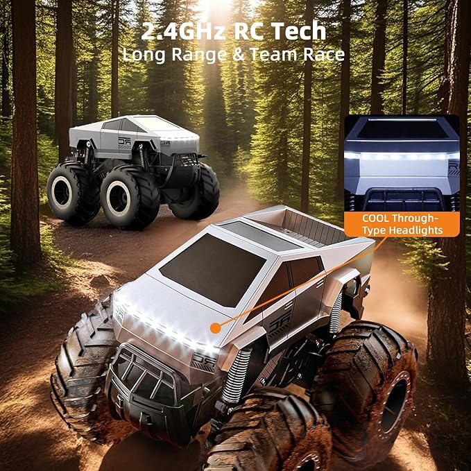 Amphibious Remote Control Cyber Monster Truck for Kids 8-12+ Years Old, 1:16 Scale 4WD All-Terrain RC Stunt Car, Waterproof Off-Road Pool Toy with Lights, Top Birthday Gift for Boys & Girls