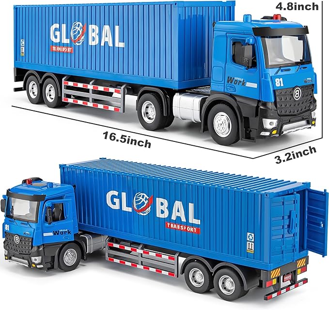 Semi Truck Toy with Metal Cab, Large Tractor Trailer Truck with Lights and Sounds, Friction Powered Cargo Transporter for Kids, Birthday Gift for Toddlers Boys 16.5"