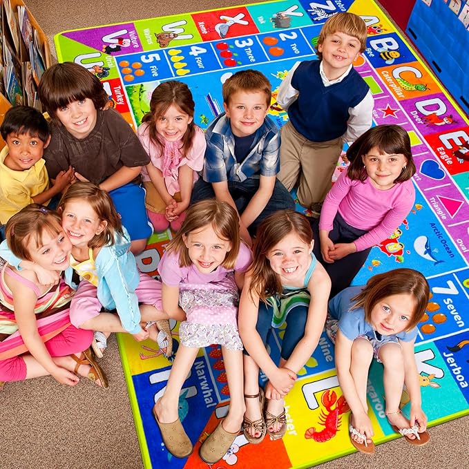 World Map ABC Kid Rug for Playroom Geography 59"×39.4" Classroom Play Rug Educational Baby Playmat Alphabet Rug Primary School Fluffy Ployester Non-Slip Preschool Rug Nursery Room Elementary Learning