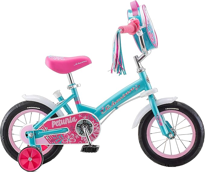 Schwinn Grit and Petunia Push Steer and Ride Kids Bike, For Boys & Girls Ages 2-4 Year Old, Rider Height 28-38 Inch,12-Inch Wheels, Training Wheels, Detachable Push Handle with Water Bottle & Holder