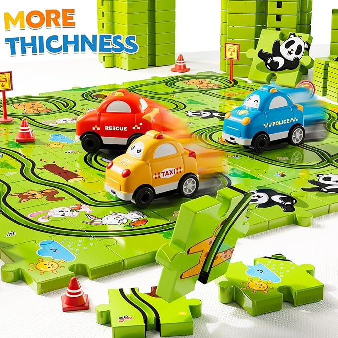 64 PCS Puzzle Race Track Car Set Toys for Kids Boys, Puzzle Tracks Car Toys for Boys Ages 3-5 4-6, Toddler Toys Gifts for 3 4 5 Year Old Boys, Ideal 3 4 5 6 Year Old Boys Birthday Gifts