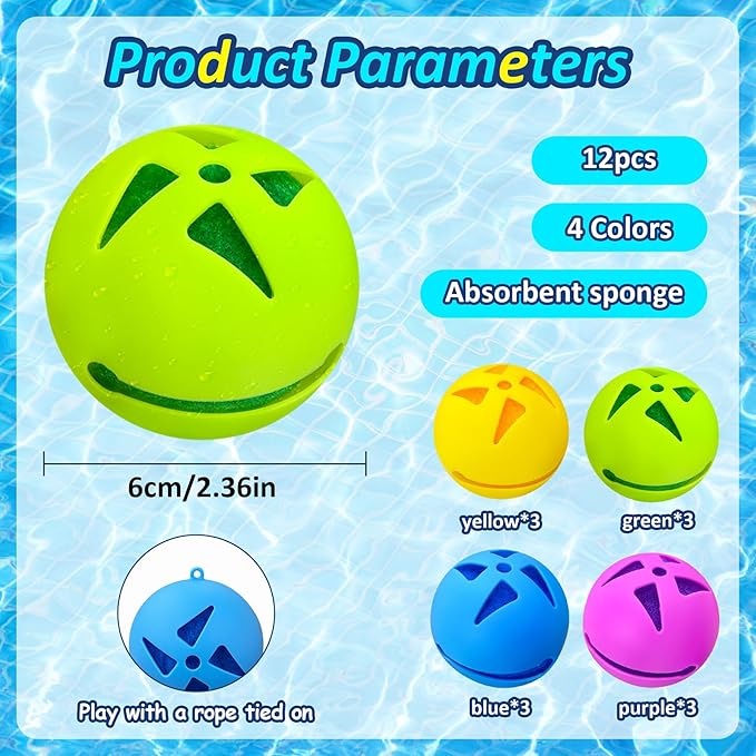 12Pcs Reusable Water Balloons, Pool Beach Water Toys for Boys and Girls, Outdoor Summer Toys for Kids Ages 3-12, Summer Balls for Pool and Backyard Fun