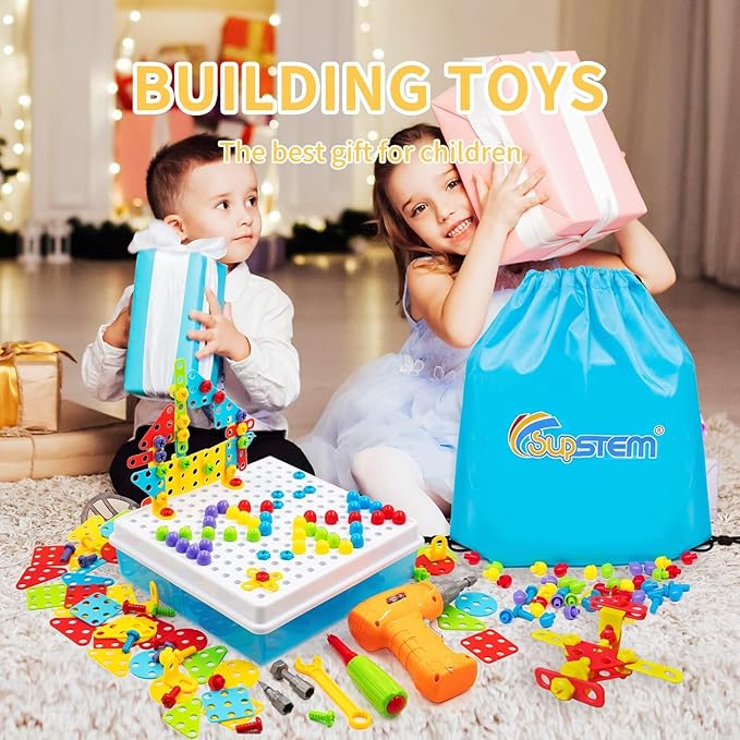 STEM Drill & Build Kit for Kids Ages 3-8 | Electric Toy Drill with 193+ Pieces (Screws, Nuts, Rainbow Fasteners) | Creative Design Construction Toys for Boys Girls | Gift for Birthdays, Christmas