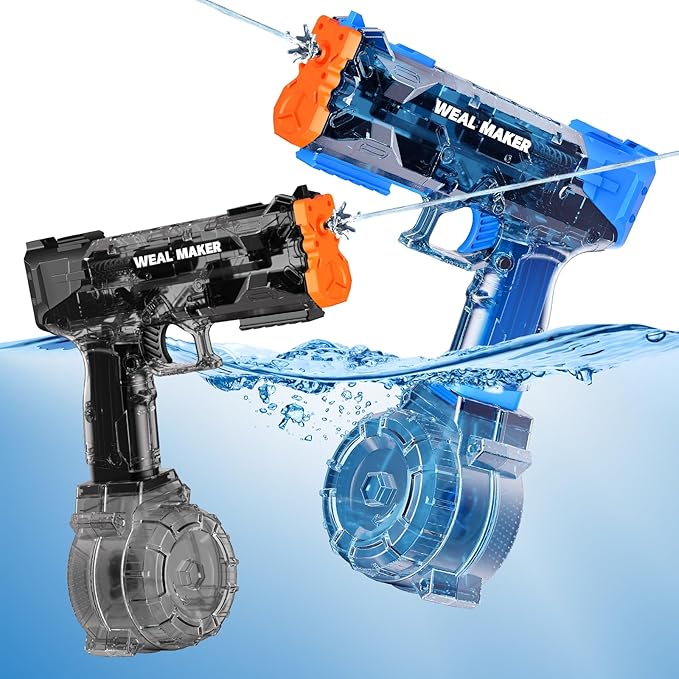 2 Pack Stronger Electric Water Gun for Kid/Aldult,Transparent Automatic Squirt Guns High Powered IP67 Waterproof, Water Guns with 400 Ammos for Outdoor Summer Beach Pool (Blue+Black)