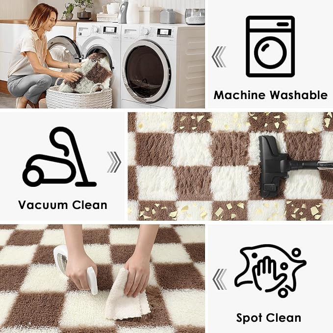 KICMOR Rugs for Living Room 8x10, Large Fluffy Fuzzy Brown and Cream White Checkered Shag Area Rug Shaggy Big Carpets for Bedroom, Soft Plush Floor Rugs for Kids Boys Girls Room Nursery Home Decor