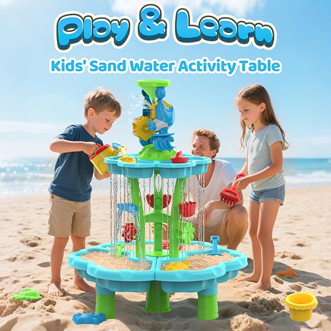 Kids Flower Water Sand Table for Toddlers - 2-Tier Outdoor Water Sand Play Table Toys for Boys Girls, Summer Splash Activity Sensory Table Party Birthday Gift for Kids 3-5 6-12