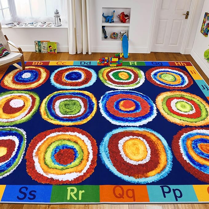 Classroom Rug 24 Seats Alphabet Educational Area Rug for Classroom Preschool Kids Room,ABC Kids Rug Rainbow Classroom Carpet, Playroom or Home Learning Floor Mat, 7'6" x 12', Deep Blue