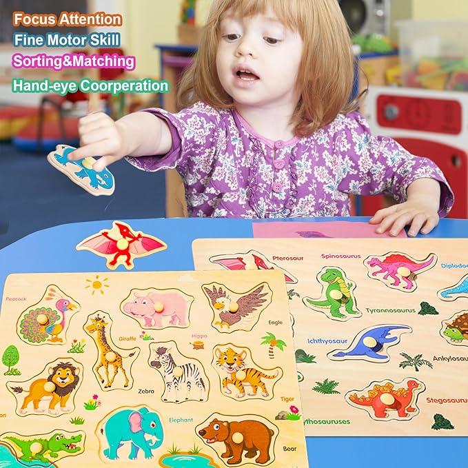 6PCS Toddler Wooden Peg Puzzle Toys for Age 2-4 3-5 Year Old Boys Girls,Educational Learning Sensory Toy,Puzzles for Toddlers Kids,Dinosaur&Ocean&Alphabet&Number Shape&Animal&Fruit Puzzles