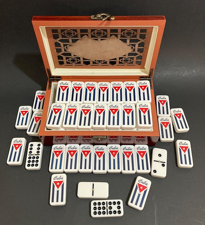 PRK 14 Cuban Double 9 Dominoes Set in Premium Wooden Box – Classic White Tiles with Colored Dots Dominoes in Durable Wooden Storage Case – Traditional Cuban Style for Family & Friends