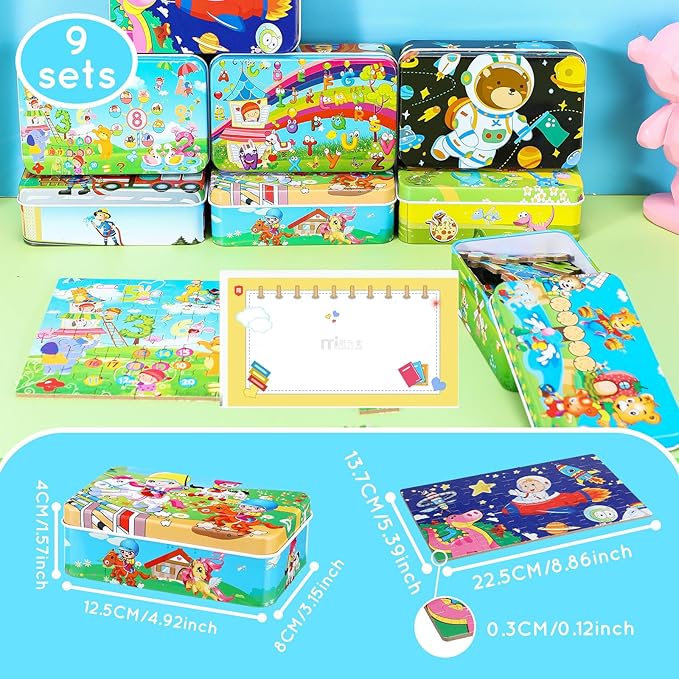 Libima 9 Boxes Party Favors Jigsaw Puzzles in a Metal Box for Age of 4-8 Wooden Puzzle for Ages 4-8 Boys and Girls Learning Educational Toys 9 Styles(Cool Style)