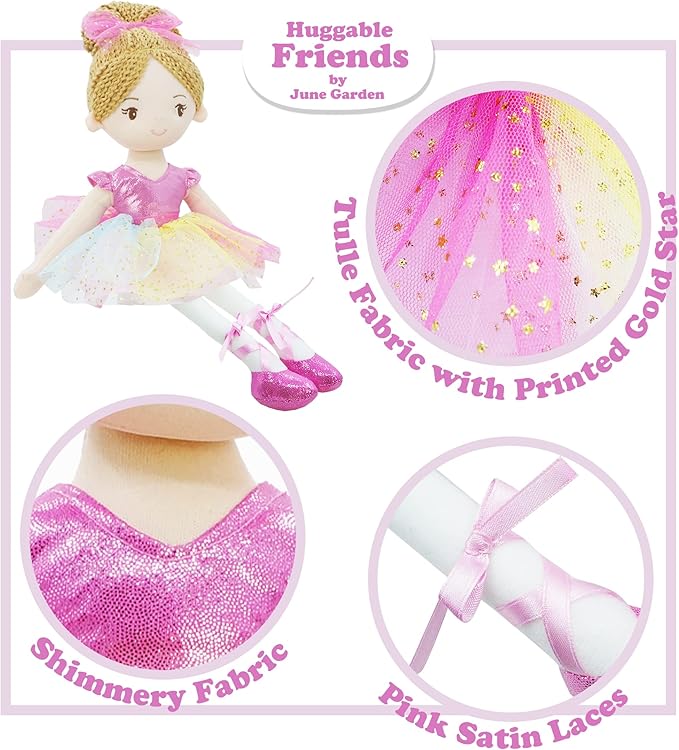 June Garden 16" Ballerina Princess Polina - Stuffed Plush Soft Doll - Pink Outfit - Gift for Toddler Girls