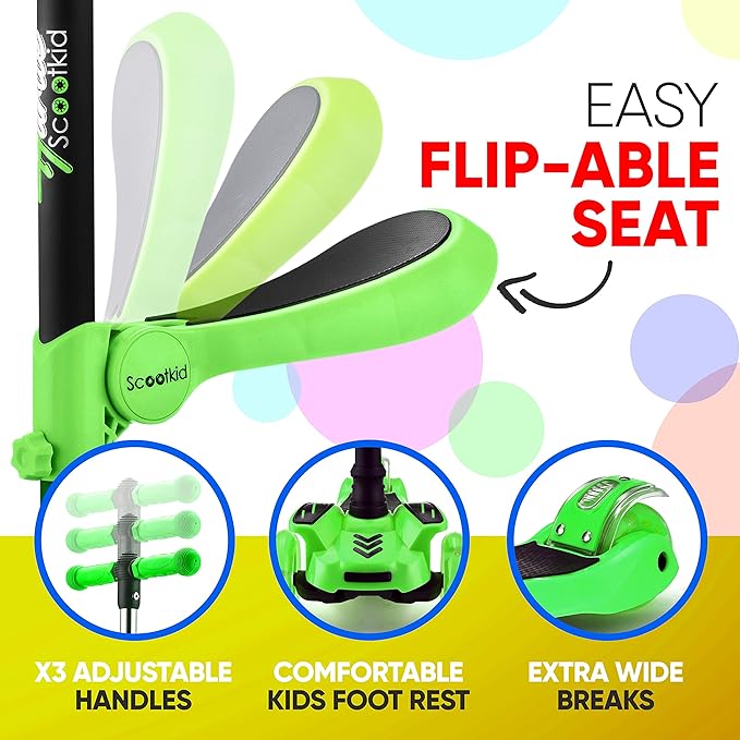 Hurtle 3-Wheeled Scooter for Kids - Wheel LED Lights, Adjustable Lean-to-Steer Handlebar, and Foldable Seat - Sit or Stand Ride with Brake for Boys and Girls Ages 1-14 Years Old