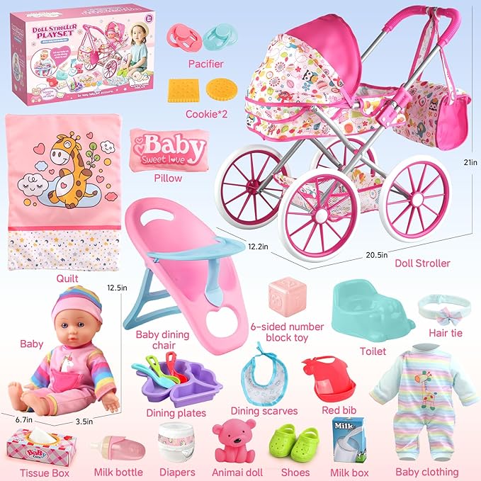 Baby Doll Stroller Toys Set with 12.5" Baby Doll,Dining Chair,Quilt Pillow,24 PCS Baby Doll Accessories and 2 Sets Doll Clothes,Baby Stroller Toys for Girls Toddlers 3-5 4-6 5-7 Gifts for Pretend Play