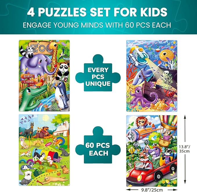 QUOKKA Puzzles for Kids Ages 4-6 - Set of 4x60 Jigsaw Puzzles for Toddlers 3-5 - Zoo, Dogs, Animals Toys for Children 6-8 yo - Gift Educational Game for Boys & Girls