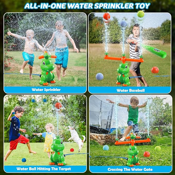 VATOS Water Sprinkler Baseball Outdoor Toy for Kids, 4 in 1 Dinosaur 360ยฐ Spin Sprinkler Water Tee-Ball & Ball, Summer Fun Play Games Outside Backyard Yard Garden Lawn for Toddlers Boys Girls