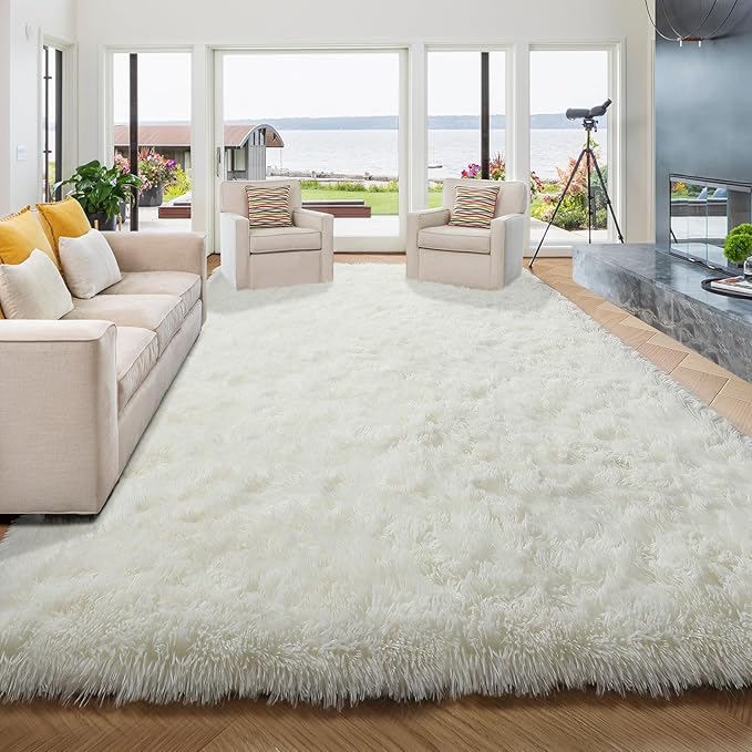 Amdrebio Ivory Area Rugs for Living Room Bedroom, 8x10 Big Large Soft Fluffy Neutral Carpet for Kids Room, Shaggy Thick Fuzzy Floor Rugs for Apartment Playroom Nursery Classroom, Furry Cream White Rug