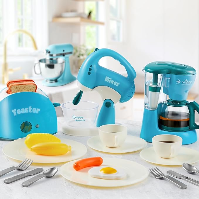 Joyin Play Kitchen Toys, Pretend Play Food Kitchen Accessories GirlsToy with Coffee Maker, Mixer, Toaster with Realistic Lights& Sounds, Birthday Gift for Kids Ages 2 3 4 5, Blue