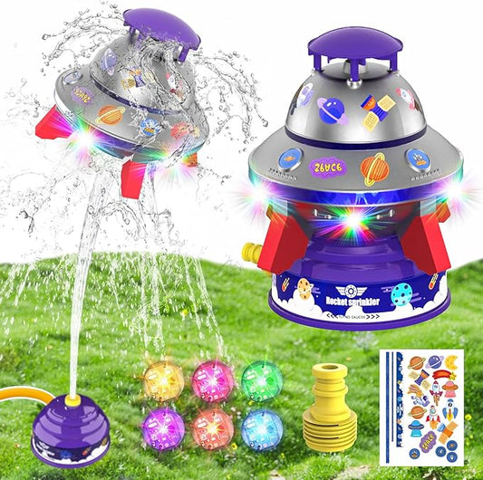 Outdoor Water Sprinkler Toys for Kids, Summer Water UFO Spaceship Rocket Sprinklers Launch Toys with Light, Ideal Holiday Backyard Lawn Yard Game Birthday Gift for Boys Girls 3 Years and Up (Purple)
