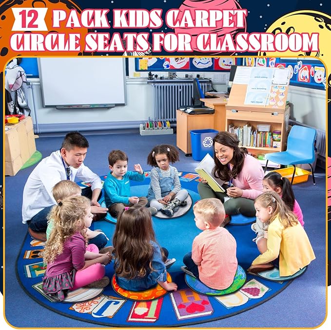 12 Pcs Kids Carpet Circle Seats for Classroom 16 Inch Round Floor Mat Kids Floor Cushions Soft Educational Classroom Rug Non Slip for School Learning Playing Areas(Space Planet)