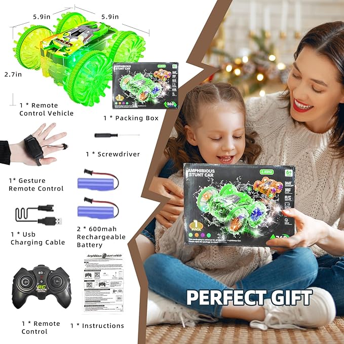 Amphibious Remote Control Car,4WD Waterproof RC Cars,Remote Control Boat,360°Rotation,180°Flip with Led Lights Stunt Truck Toys,Boys Girls Gifts All Terrain Water Beach Pool Toy