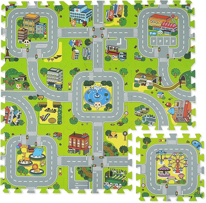 Skyweaver Traffic Play mat Puzzle Foam Interlocking Tiles – Kids Road Traffic Play Rug - Children Educational Playmat Rug - Interlocking Foam Tiles City Road Track Puzzle Mat (18Pcs)