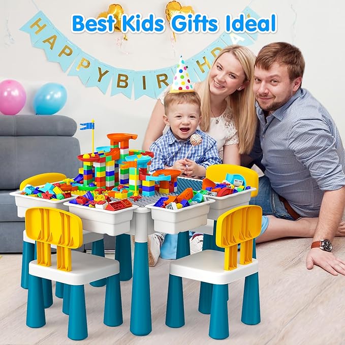 Toddlers Kids Table and Chair Set: Activity Table with 152Pcs Large Marble Run Building Blocks 4 Chairs Storage All in One Play Sensory Table Water Table Sand Table for Boys Girls 3-10 Year Old