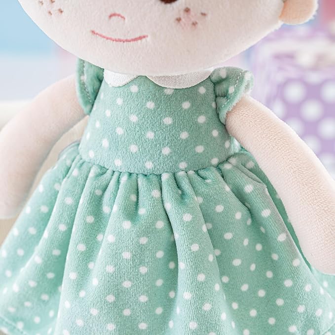Onetoo Plush Rag Doll My First Baby Doll Soft Baby Doll for Girls Sleeping Cuddle Buddy Doll Wear Green Dress White Polka Dot 14"(Milly Series)