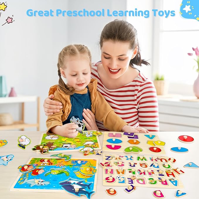 Wooden Peg Puzzles for Toddlers 2 3 4 Year Old, 4 Pack Montessori Toys Preschool Learning Puzzles for Toddlers 1-3 with Animals, Shapes, Alphabet, Wooden Toddler Toys Gifts for Kids Boys Girls