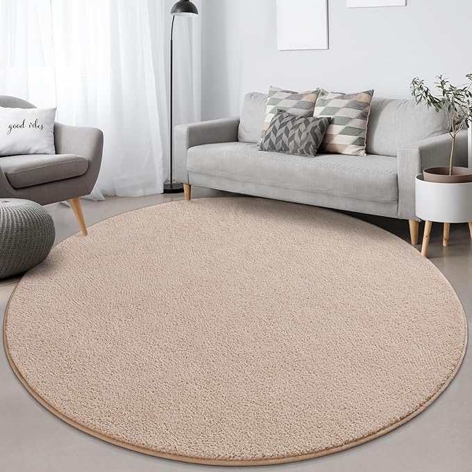 FlyDOIT Round Area Rugs for Bedroom Living Room, 4x4 Ivory Super Soft Comfy Thickened Memory-Foam Indoor Circle Carpets, Modern Aesthetic Minimalist Carpet for Boys Girls Adults Nursery Home Décor