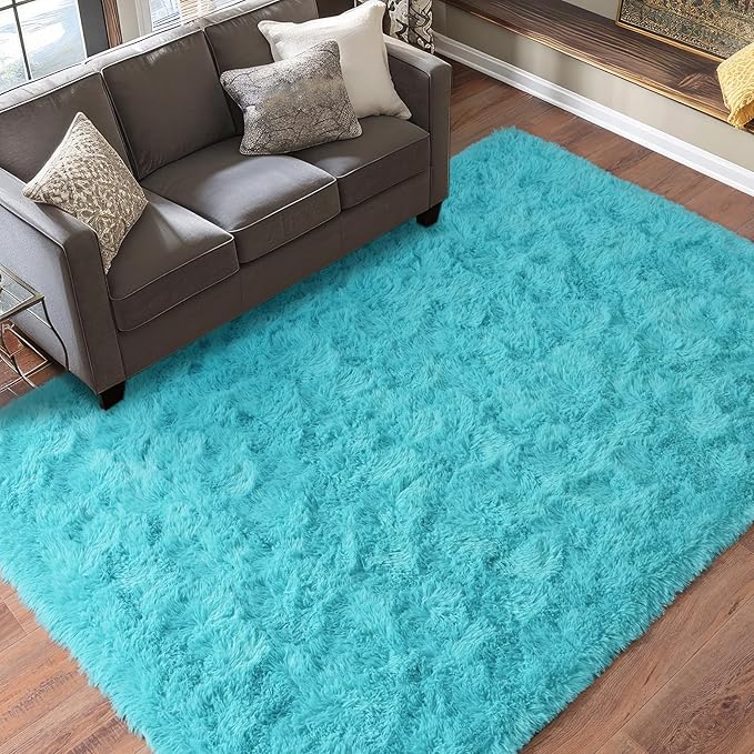 Super Fluffy Area Rug for Bedroom, Modern Shag Teal Blue Area Rugs, Soft Plush Small Carpet for Kids,Girls Boys and Teens Decorations for Living Room Dorm Nursery Classroom, 4x6 Feet Teal Blue