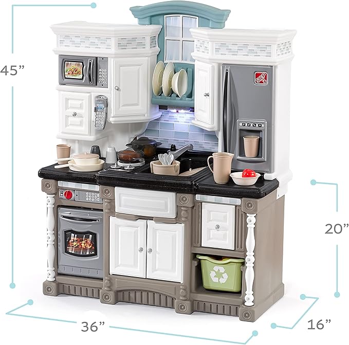 Step2 Lifestyle Dream Kids Kitchen Playset, Indoor/Outdoor Kitchenette, Interactive Play with Lights and Sounds, Made of Durable Plastic, 37 Piece Toy Accessories, Toddlers 2+ Years Old, Gray